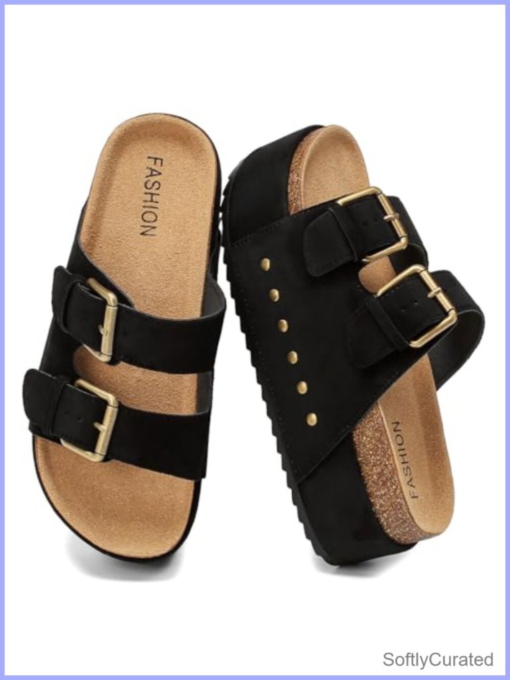 Platform Sandals Cork Footbed Slides Double Buckles Comfort